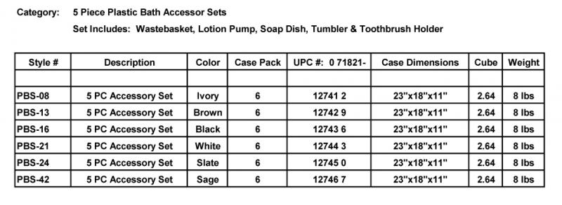 Product Information - 5 Piece Plastic Bath Accessory Sets